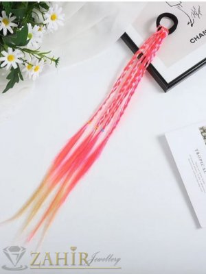  4 бр. плитки на ластик от синтетична коса в розово и русо на черен ластик, дължина 40 см, носят се на опашка  - KP1042